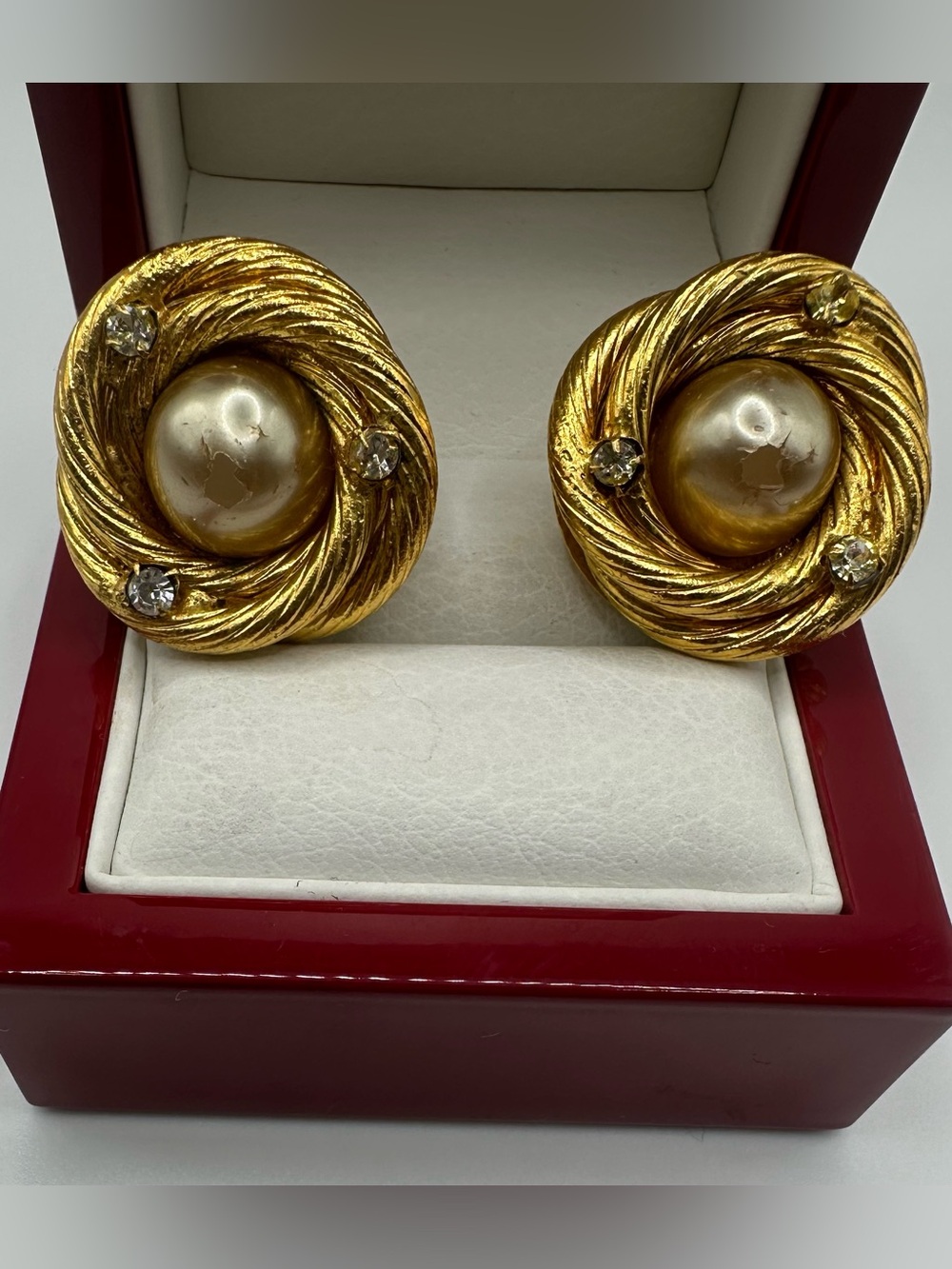 CHANEL Gold Plated Cream Faux Pearl Rhinestone Clip Earrings Twisted Rope 1992